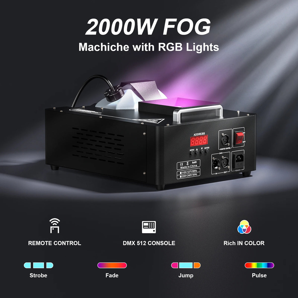 2000W Fog Machine, 3-in-1 RGB 24 LED, DMX512 Remote
