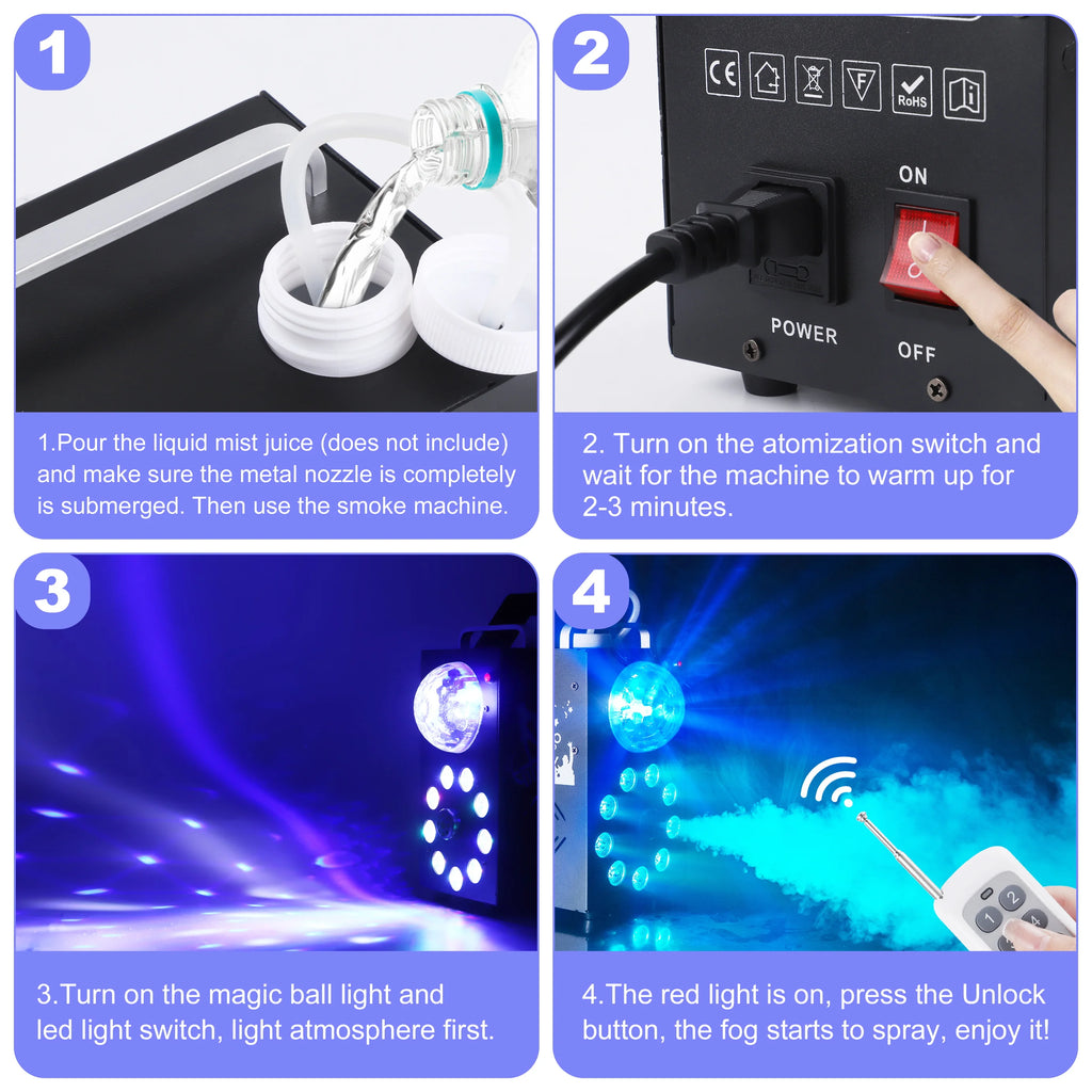 700W Colourful Smoke Machine, 9 LED RGB Magic Ball, Remote