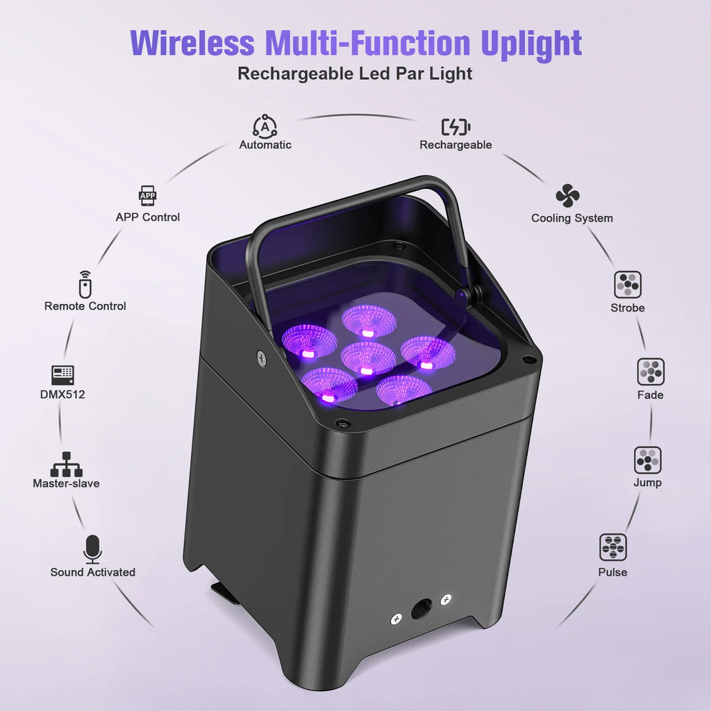 4 Pack 6x18W 6-in-1 RGBAW+UV Wireless Par Lights with Bag