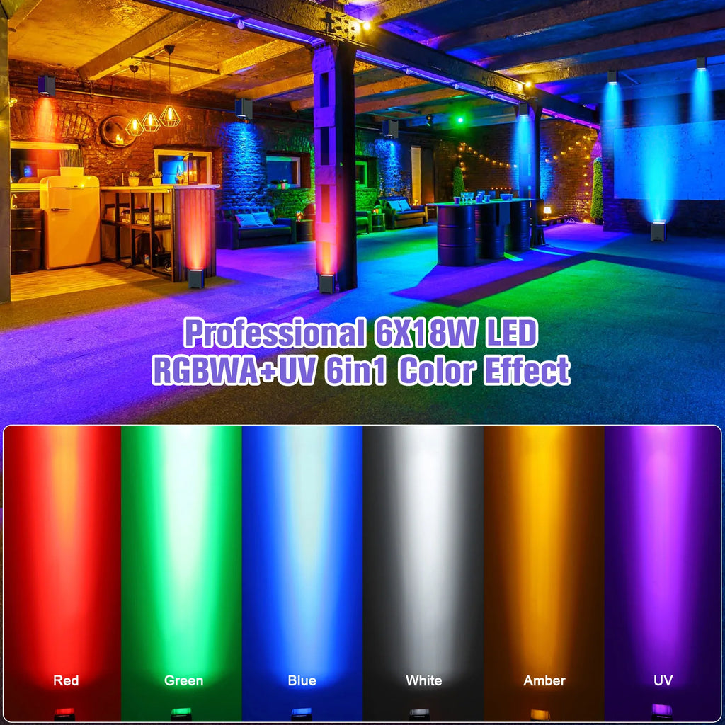 4 Pack 6x18W 6-in-1 RGBAW+UV Wireless Par Lights with Bag