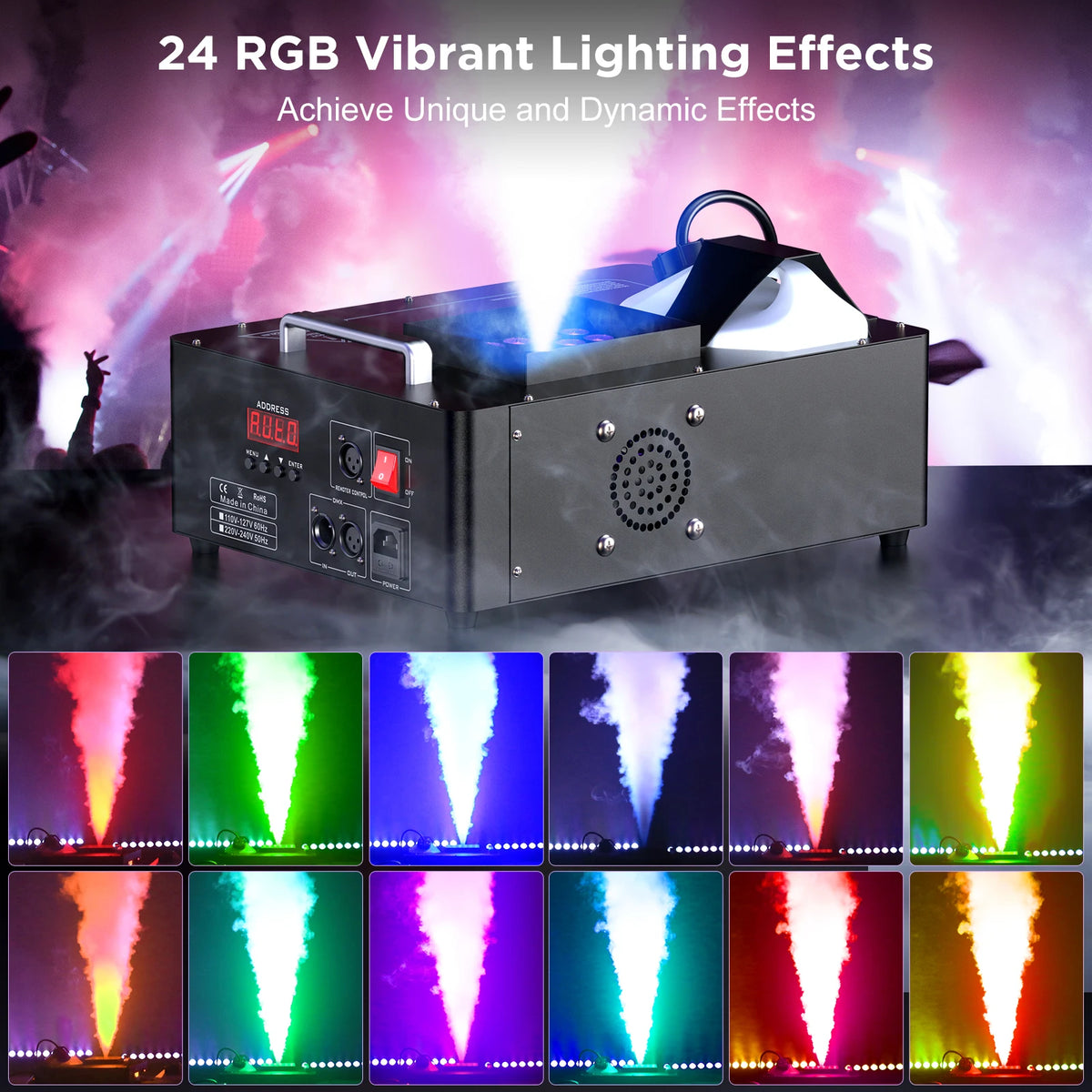 2000W Fog Machine, 3-in-1 RGB 24 LED, DMX512 Remote