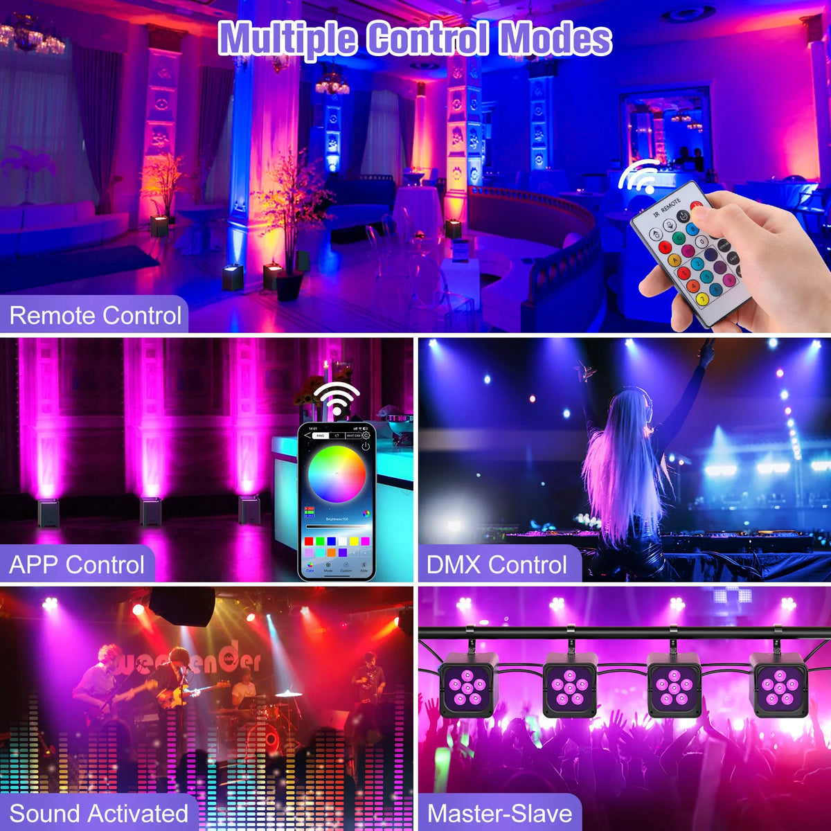 4 Pack 6x18W 6-in-1 RGBAW+UV Wireless Par Lights with Bag