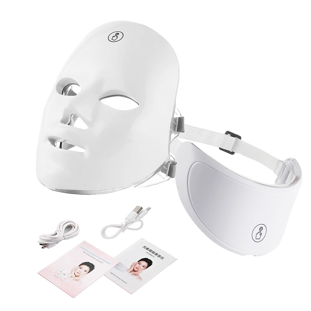 Face and Neck LED Photon Mask with 7 Colours and Skincare Massager