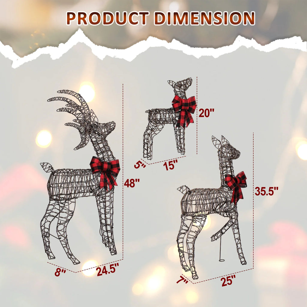 3-Piece Lighted Rattan Reindeer Family, 210 Warm White LEDs, 4FT