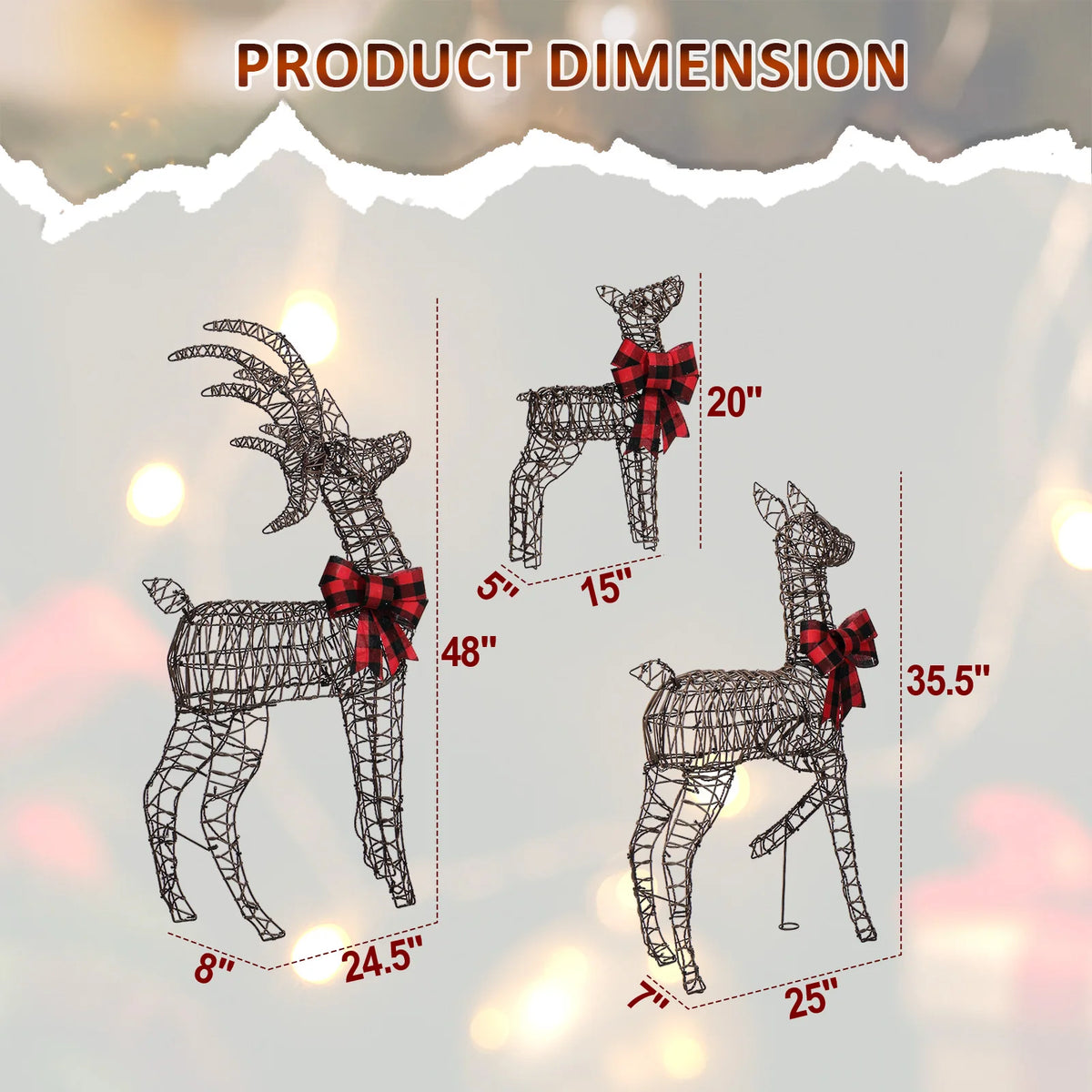 3-Piece Lighted Rattan Reindeer Family, 210 Warm White LEDs, 4FT