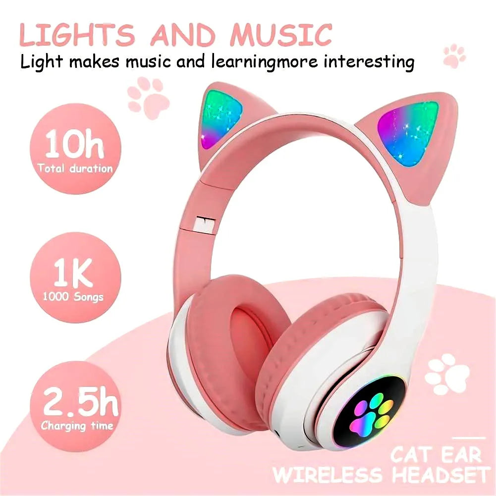 Light-Up Cat Ear Bluetooth 5.0 Wireless Over-Ear Headphones