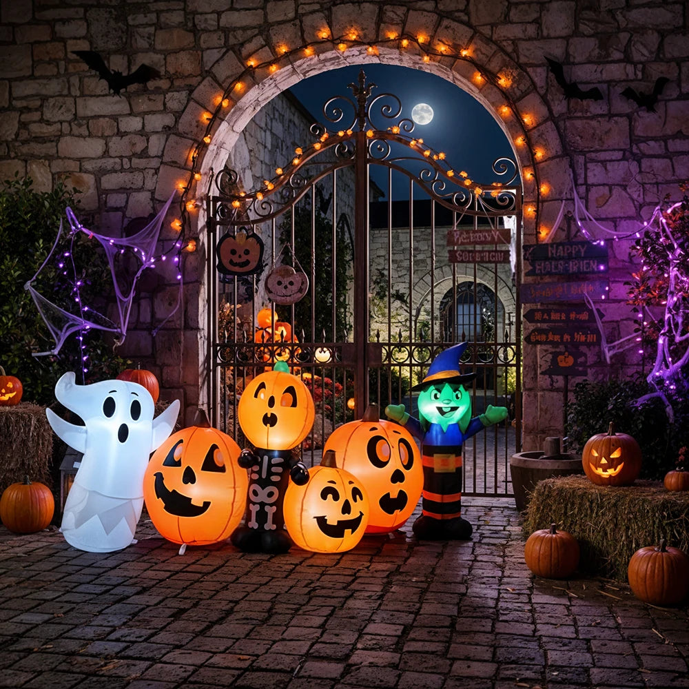 8FT Inflatable Halloween Pumpkin, Witch and Ghost, Illuminated