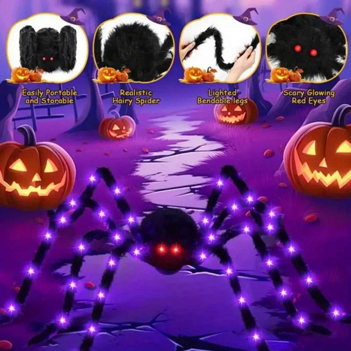 Giant Light-Up Fuzzy Black Spider, Purple LED, Battery Powered