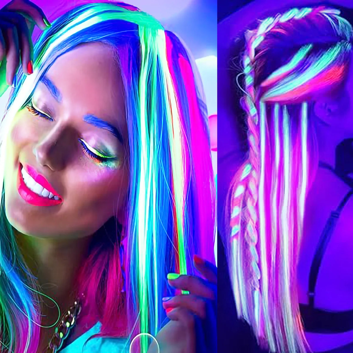 20-Inch Glow-in-the-Dark Clip-In Hair Extensions, Rainbow Party Hairpiece
