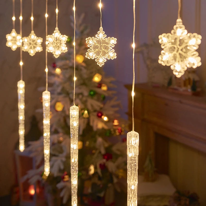 Christmas LED Curtain Lights, Snowflake and Icicle, Battery Powered