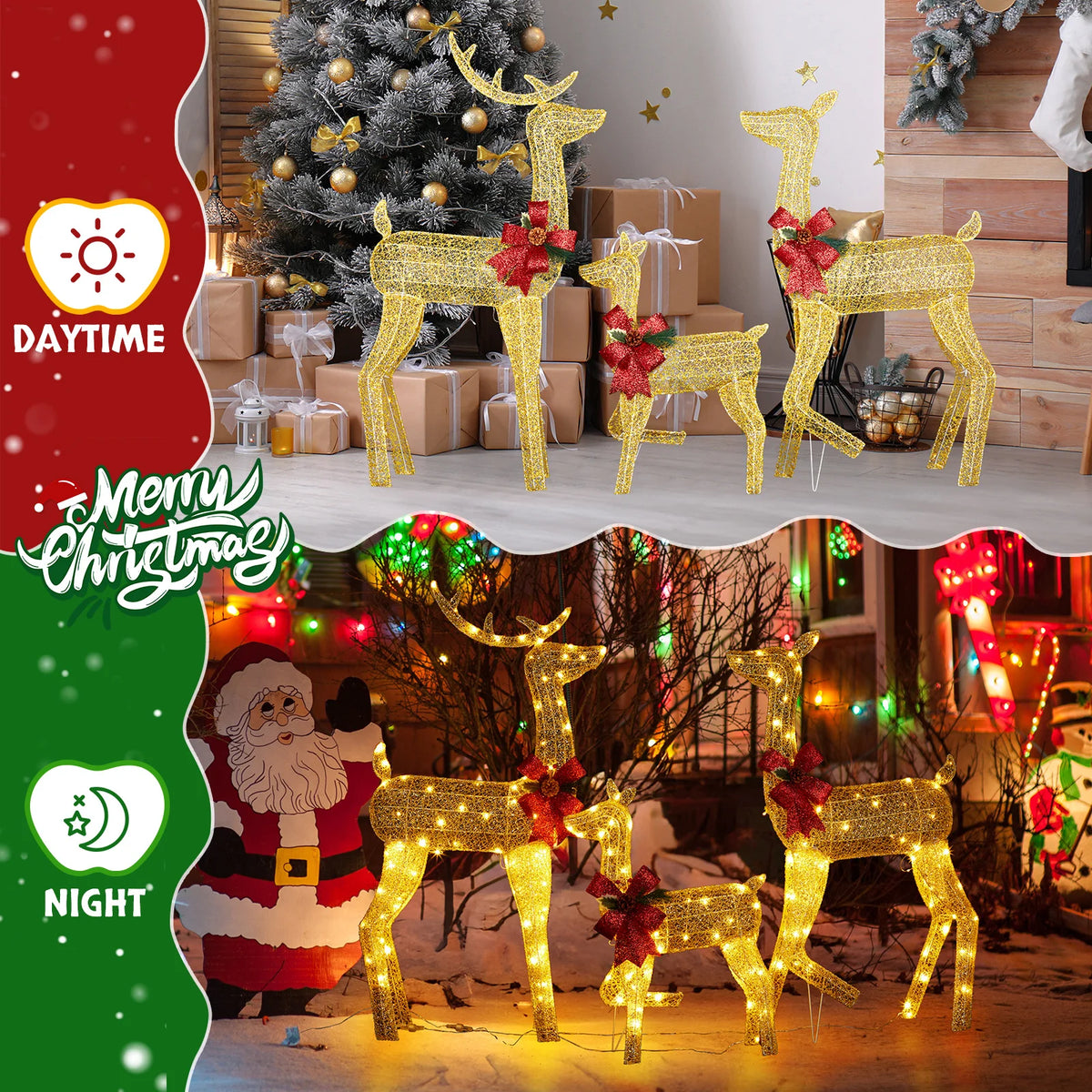 3-Piece Lighted Golden Reindeer Family, 200 LEDs, with Stakes