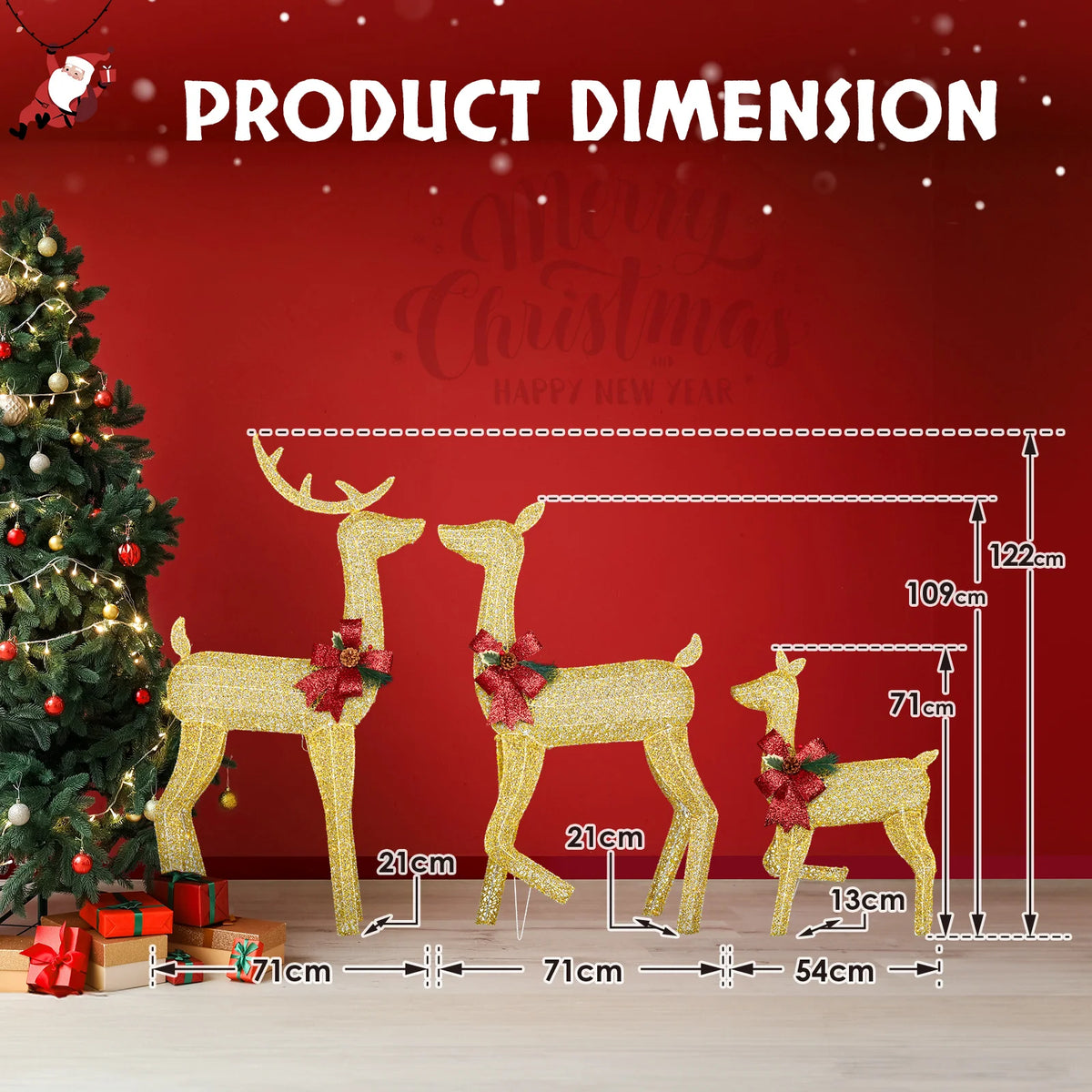 3-Piece Lighted Golden Reindeer Family, 200 LEDs, with Stakes