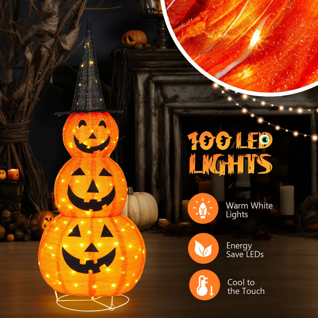 5ft Collapsible Pop-Up Lighted Halloween Pumpkin, 100 LED