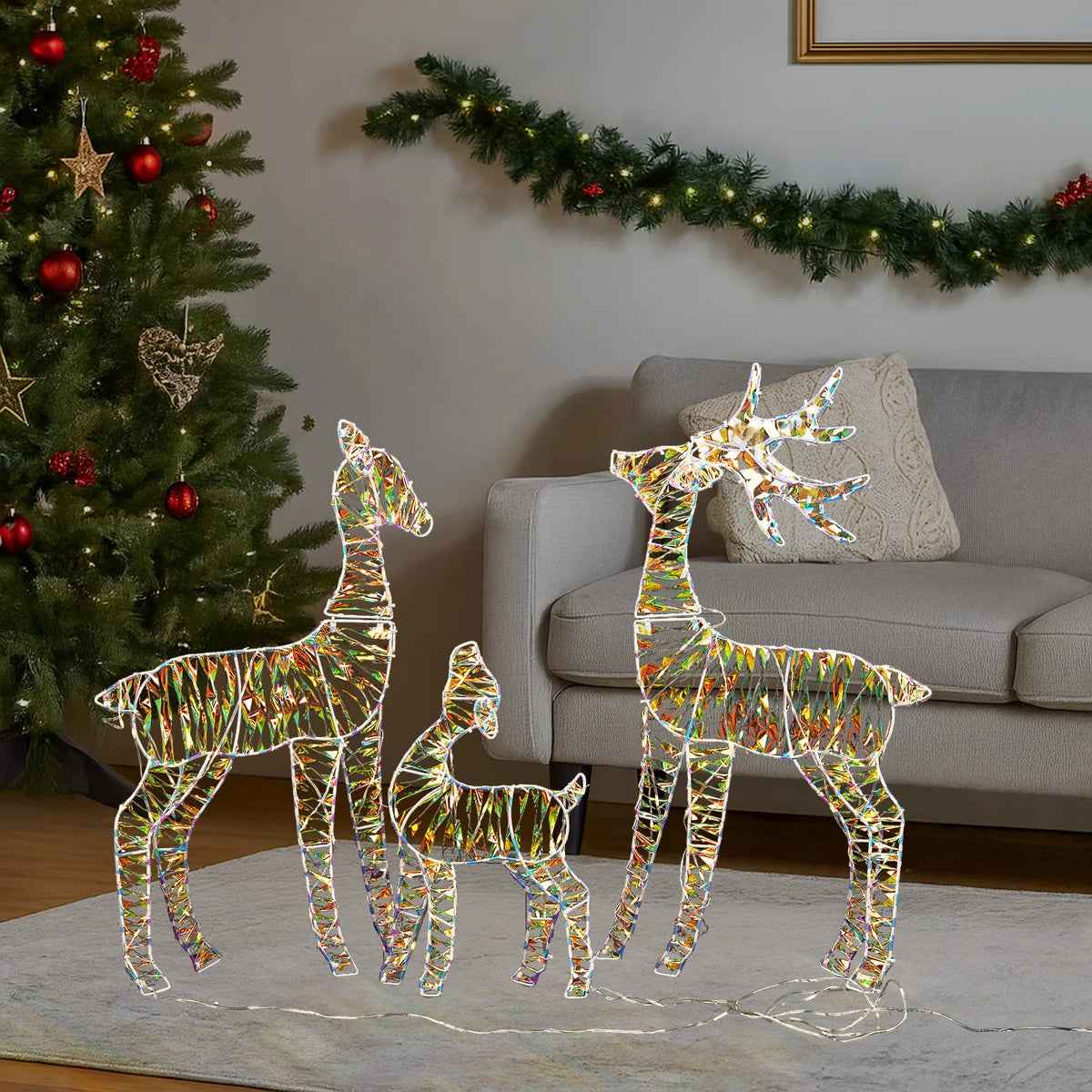 3-Piece Lighted Iridescent Reindeer Family, 110 Warm White LEDs