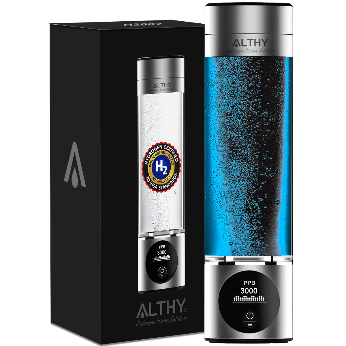 Performance Hydrogen Water Bottle, Dual Chamber SPE PEM with H2 Inhalation Device