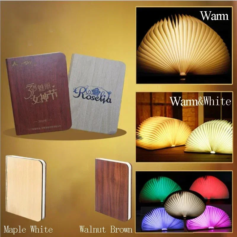 3D Folding Wooden Book Night Light, RGB, USB Rechargeable