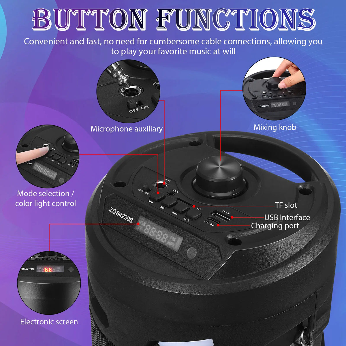 Portable Bluetooth Party Speaker with Wired Microphone, LED Lights, Remote