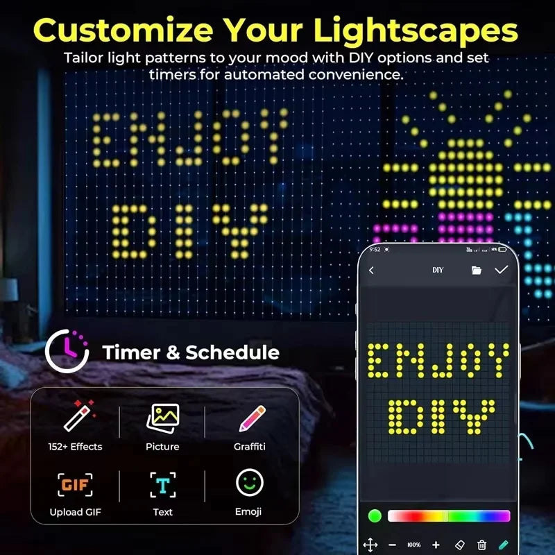 Smart LED Curtain Light, App Control, RGB, DIY Patterns, Music Sync