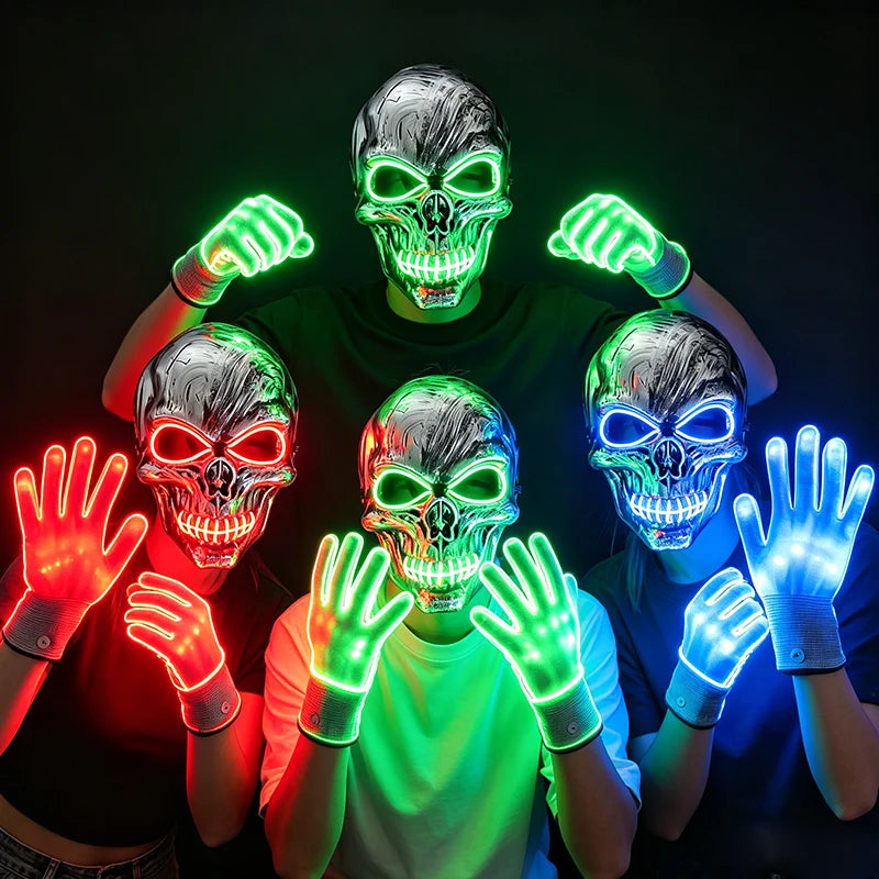 Halloween LED Skull Mask and Light-Up Gloves Set with EL Wire