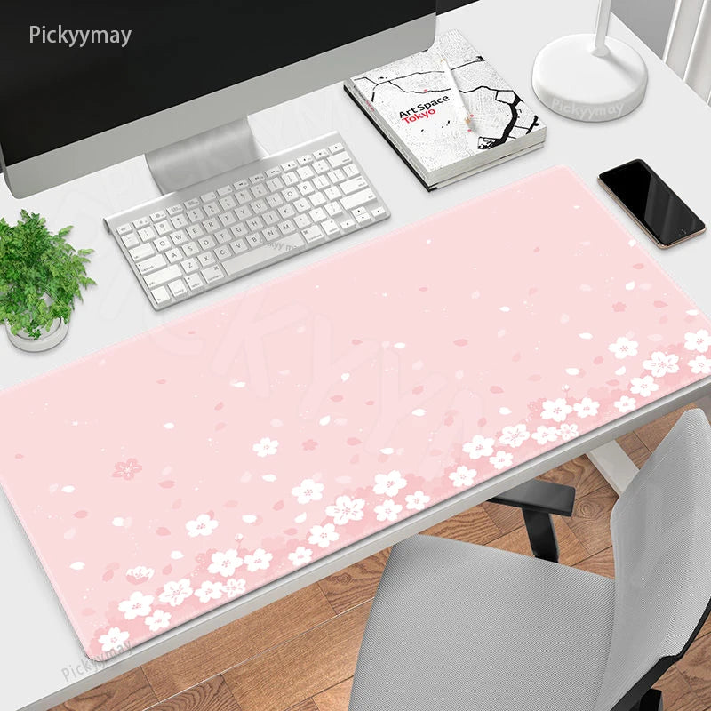 Pink Sakura Cherry Blossom Large Desk Mat, Rubber Mouse Pad