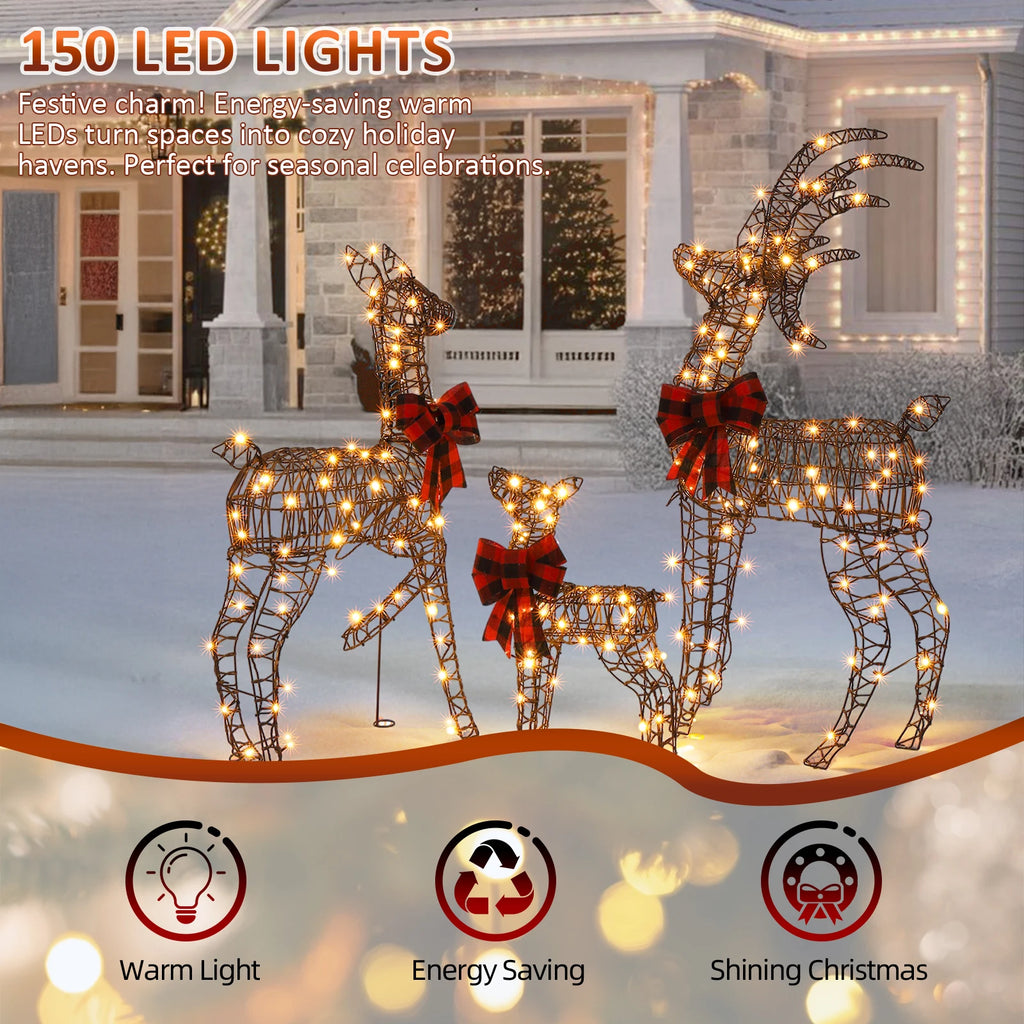 3-Piece Lighted Rattan Reindeer Family, 210 Warm White LEDs, 4FT