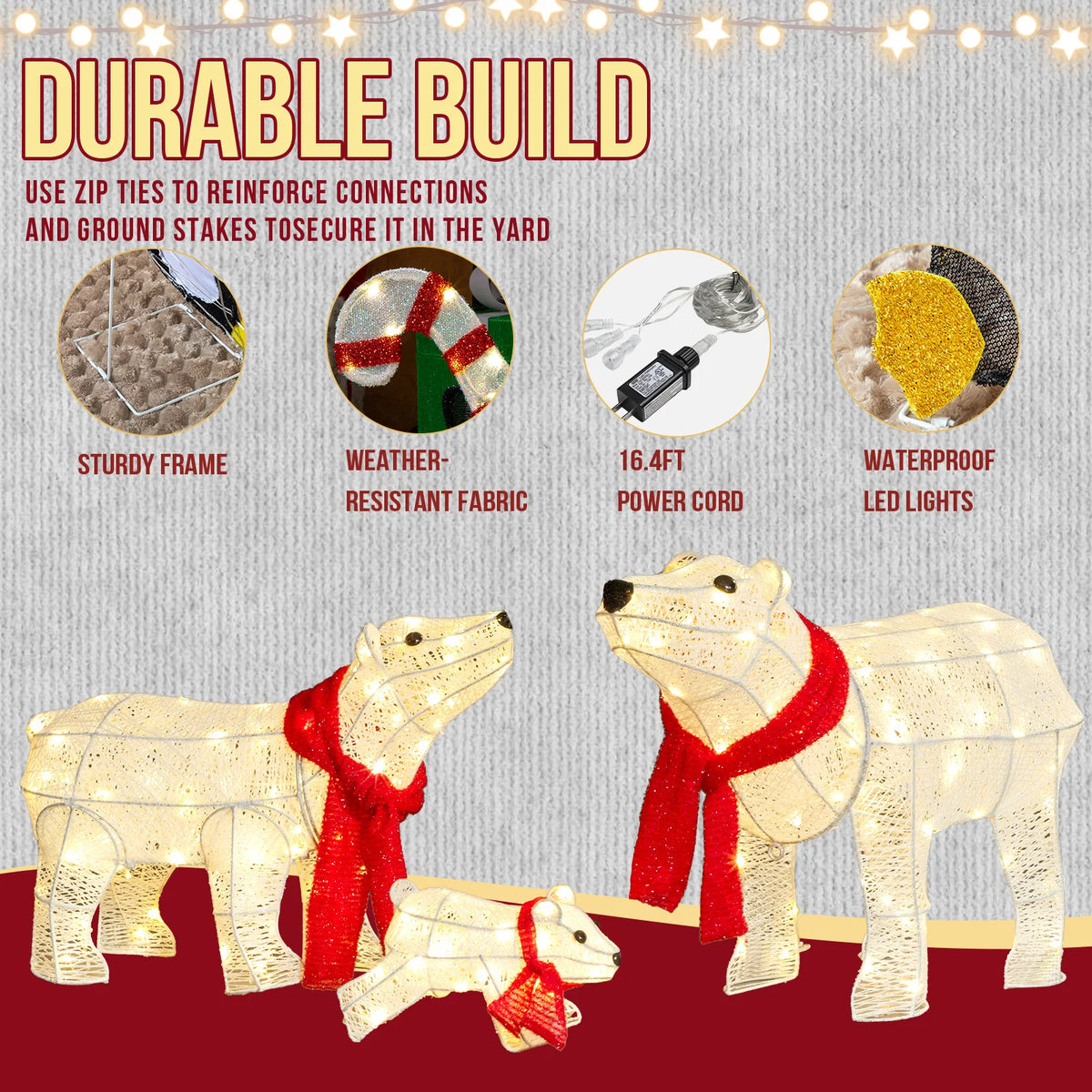 3-Piece Lighted Polar Bear Family, 190 Warm White LEDs