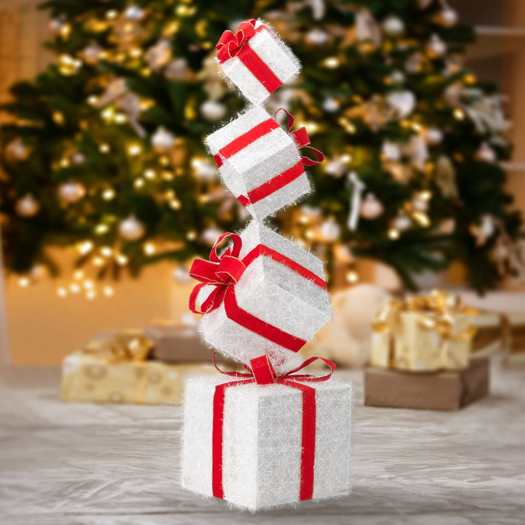 3FT Lighted Gift Box Tower, 80 Warm White LEDs, with Ground Stakes