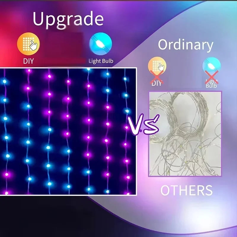 Smart LED Curtain Light, App Control, RGB, DIY Patterns, Music Sync