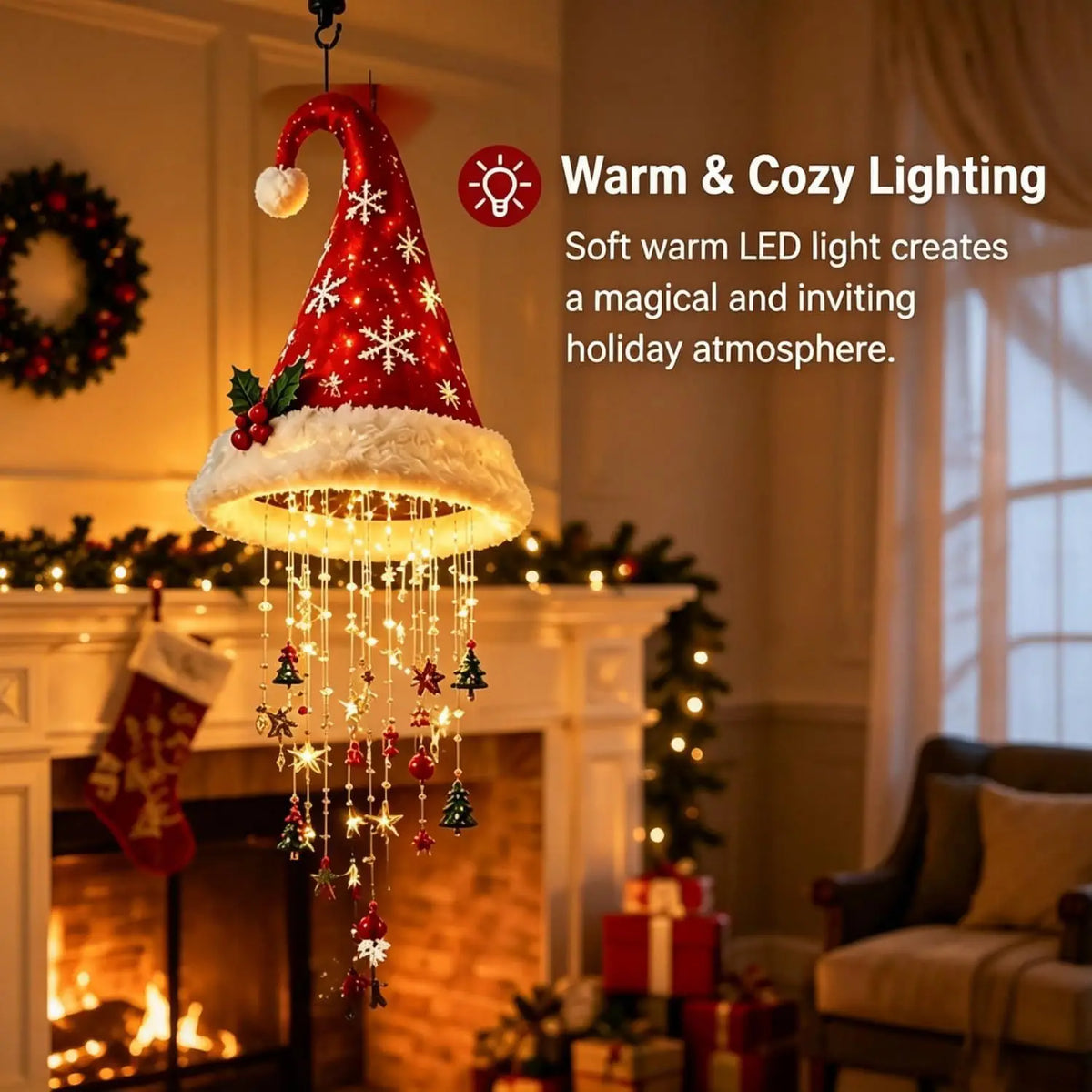 Christmas Santa Hat Hanging Light with Tassel, Bell and Star