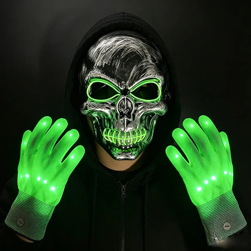 Halloween LED Skull Mask and Light-Up Gloves Set with EL Wire