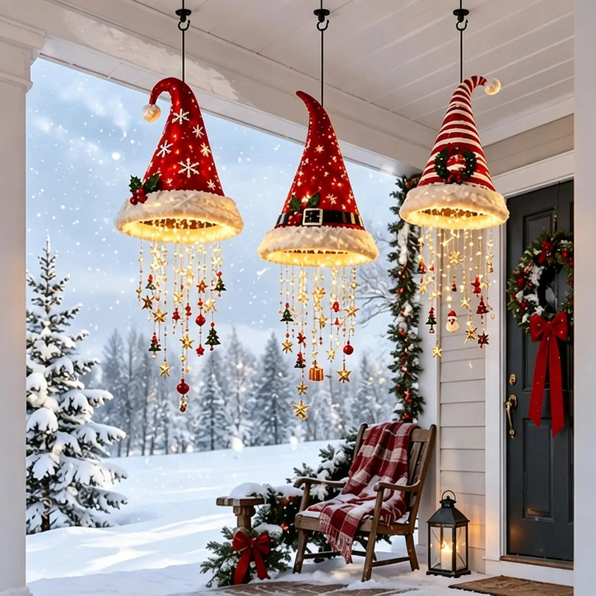 Christmas Santa Hat Hanging Light with Tassel, Bell and Star