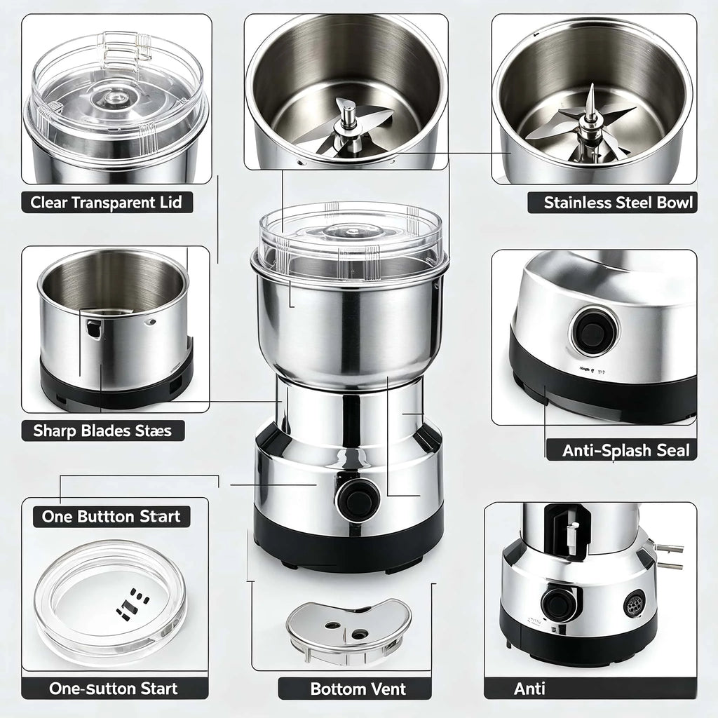 200W Electric Coffee Grinder, UK Plug, Stainless Steel Spice Mill with Clear Lid