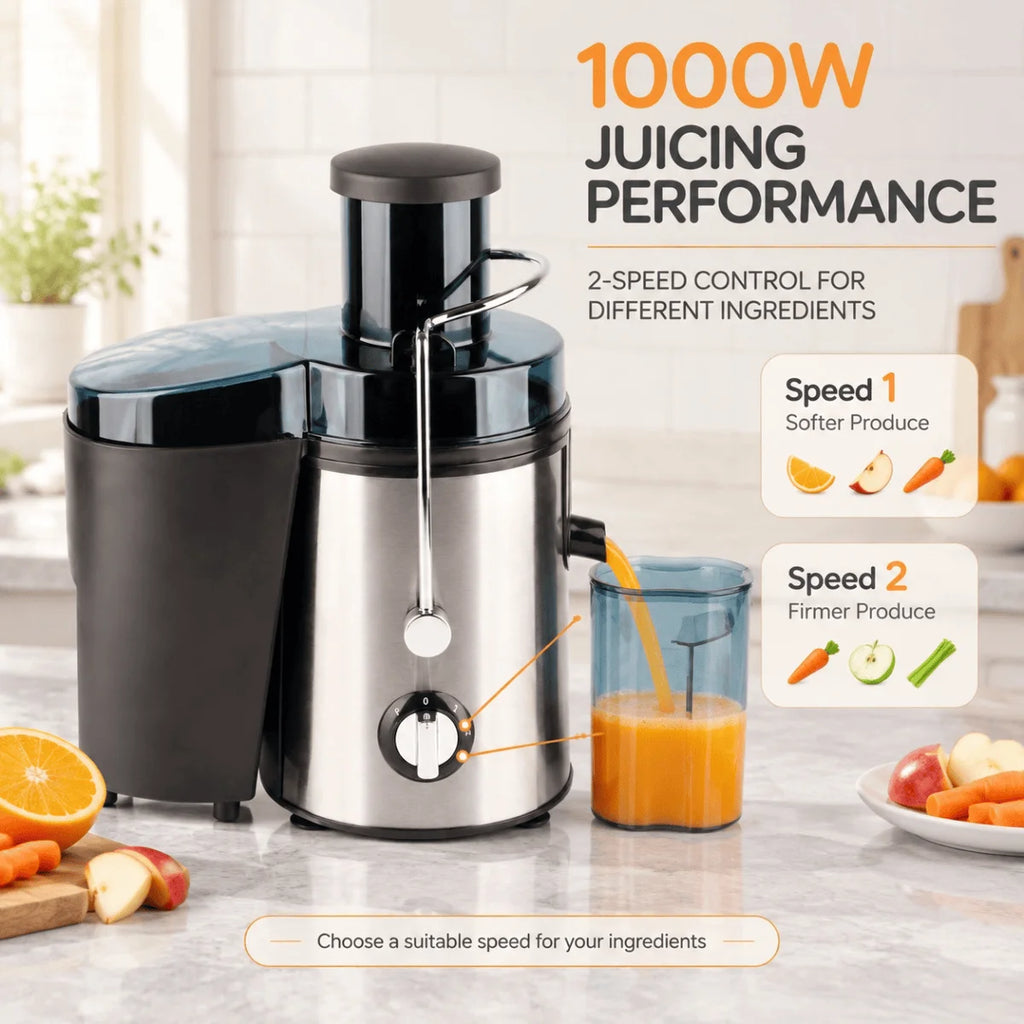 1000W Stainless Steel Juicer Machine, Dual Speed with Overheat Protection