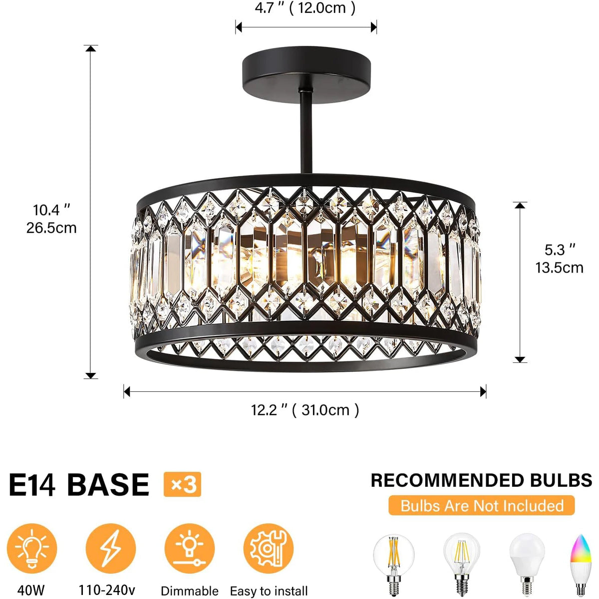 Small Black Crystal LED Ceiling Light, Dimmable