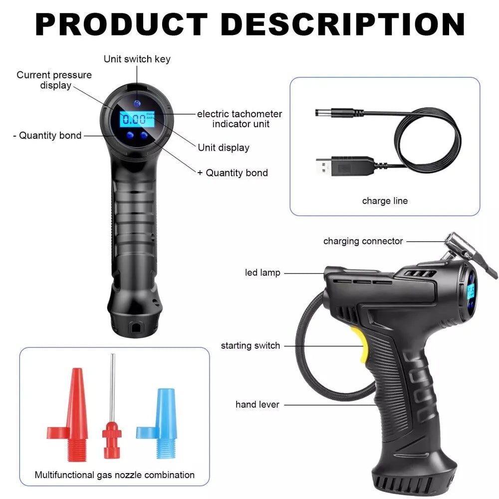 Cordless 12V Electric Tyre Inflator Pump for Cars, Bikes and Motorcycles