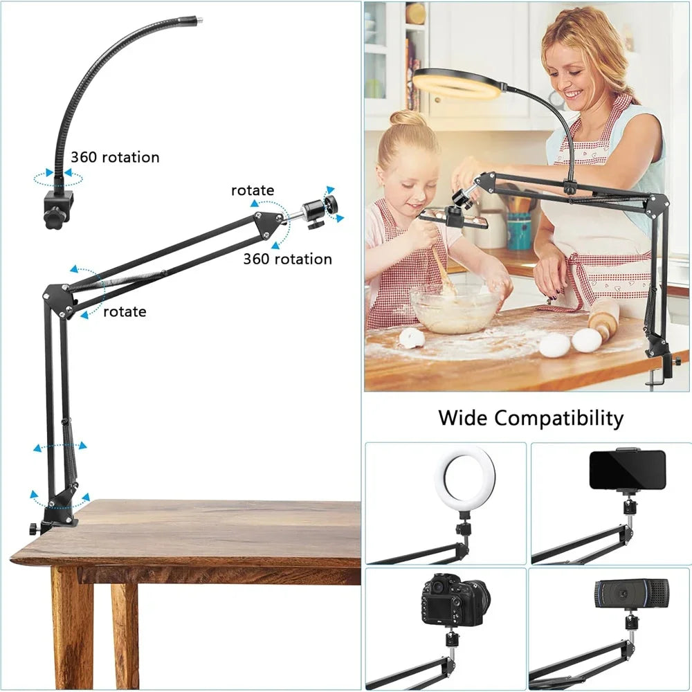 Overhead Camera Mount with Ring Light, Articulating Arm
