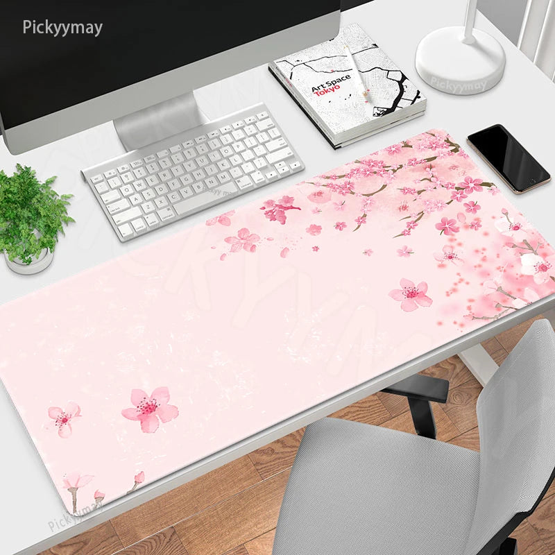 Pink Sakura Cherry Blossom Large Desk Mat, Rubber Mouse Pad