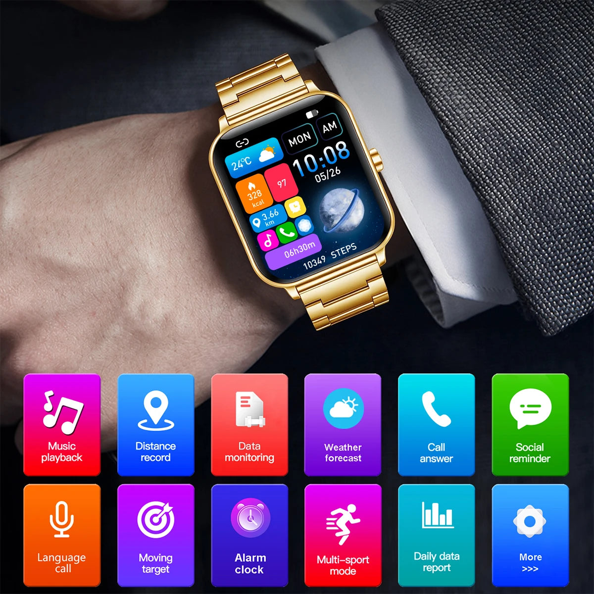 Gold Smart Watch 1.83" HD Screen with Wireless Calls, IP68