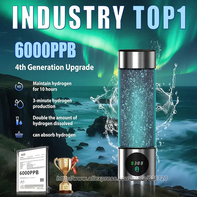 Upgraded Hydrogen Water Bottle, up to 6000 PPB, SPE PEM Technology