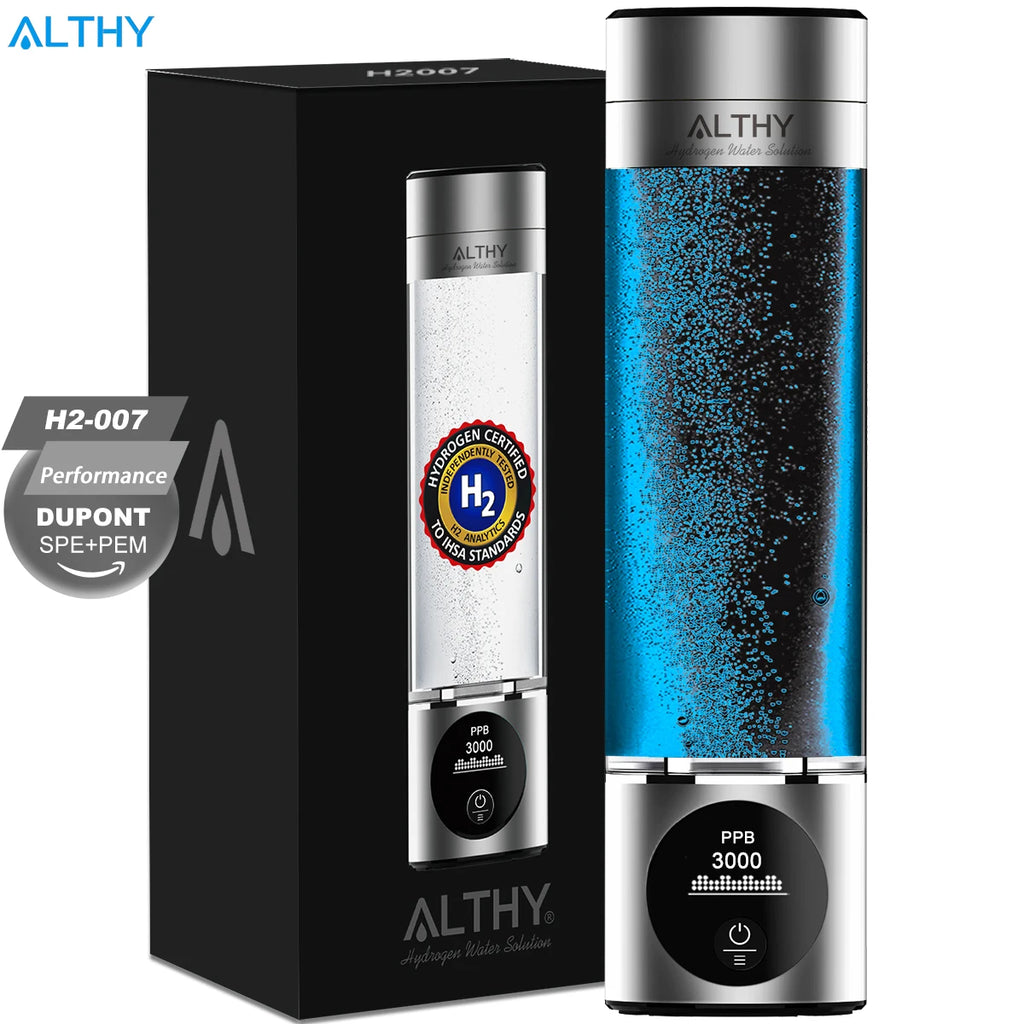 Performance Hydrogen Water Bottle, Dual Chamber SPE PEM with H2 Inhalation Device