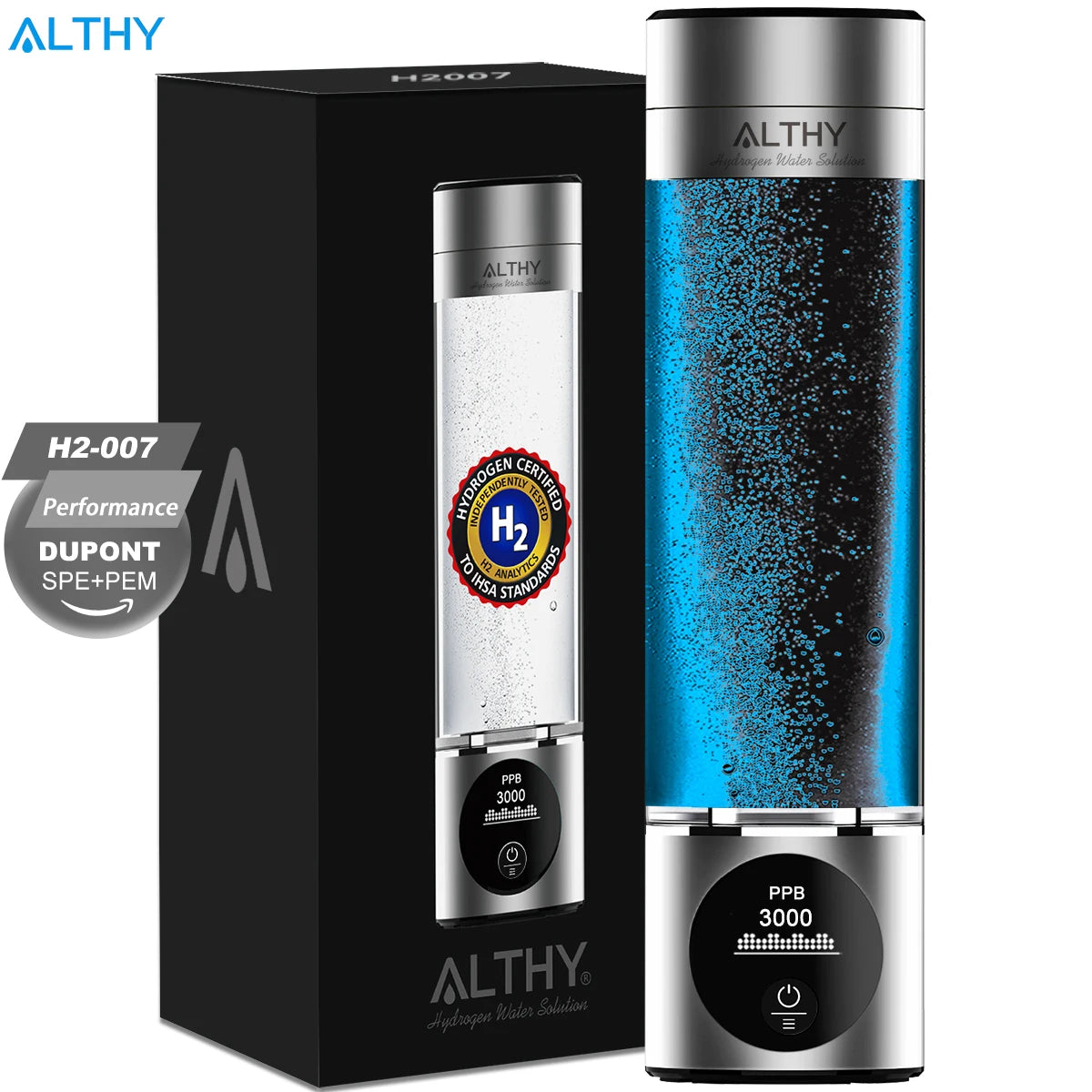 Performance Hydrogen Water Bottle, Dual Chamber SPE PEM with H2 Inhalation Device