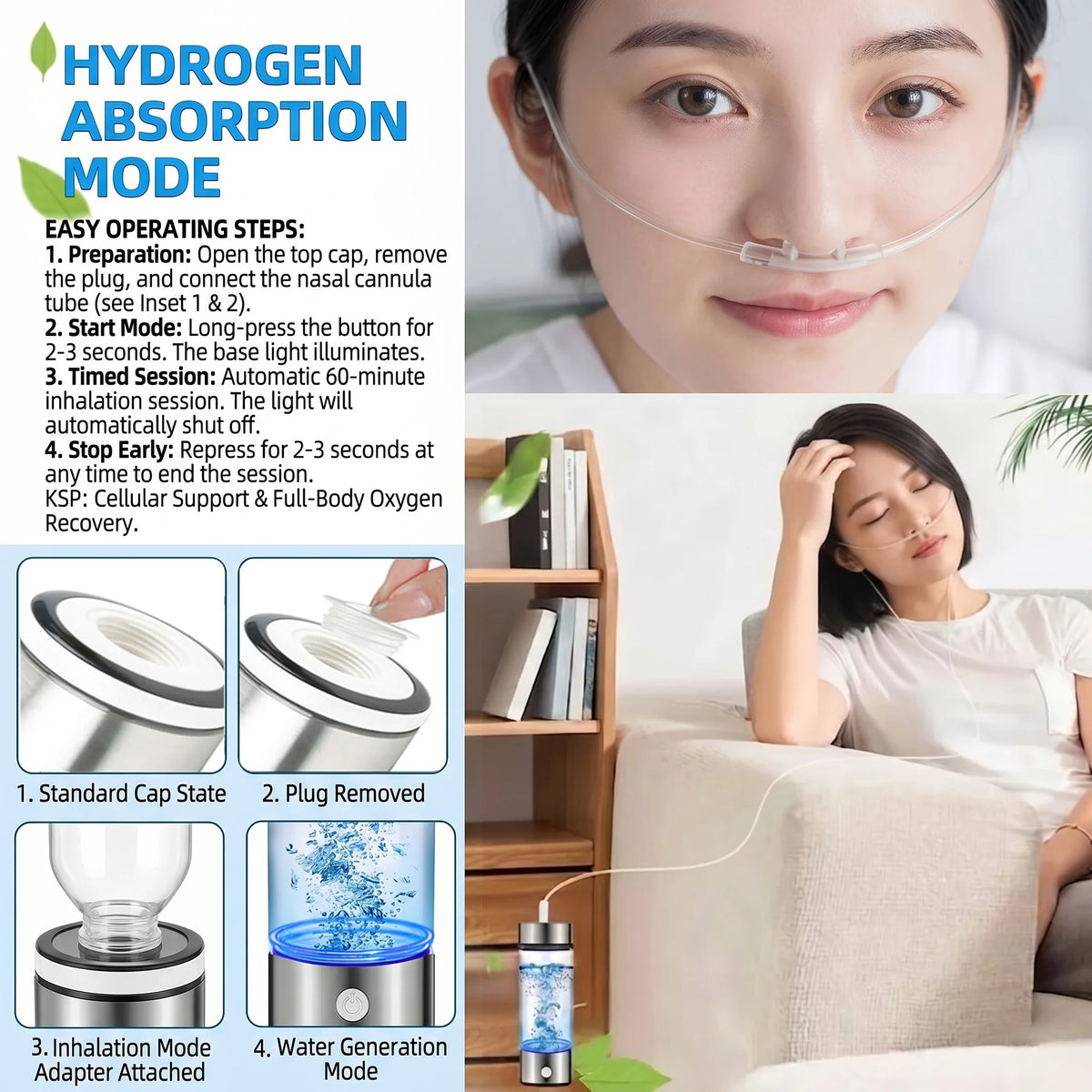 Portable 3-in-1 Hydrogen Water Bottle Generator, SPE PEM Glass Ionizer, Rechargeable