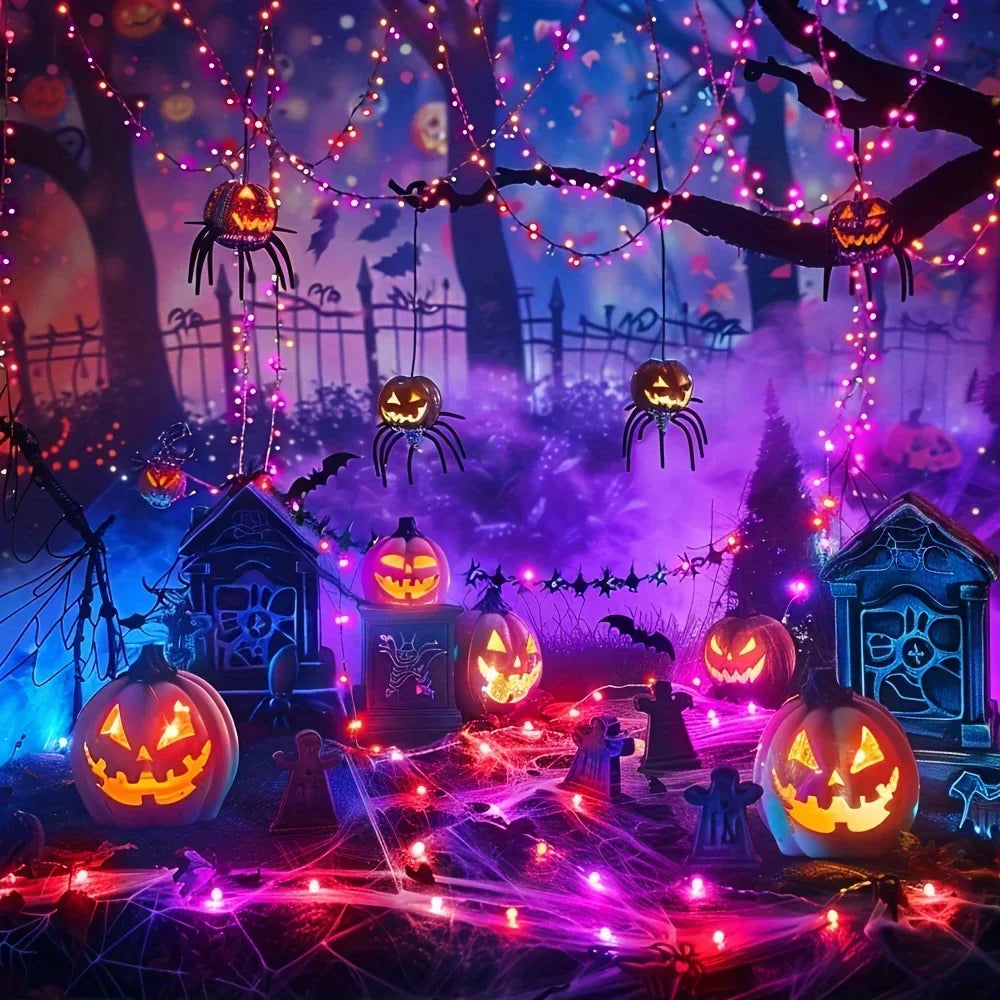 Halloween Purple Fairy String Lights, 100/200 LEDs, Black Wire, 8 Modes