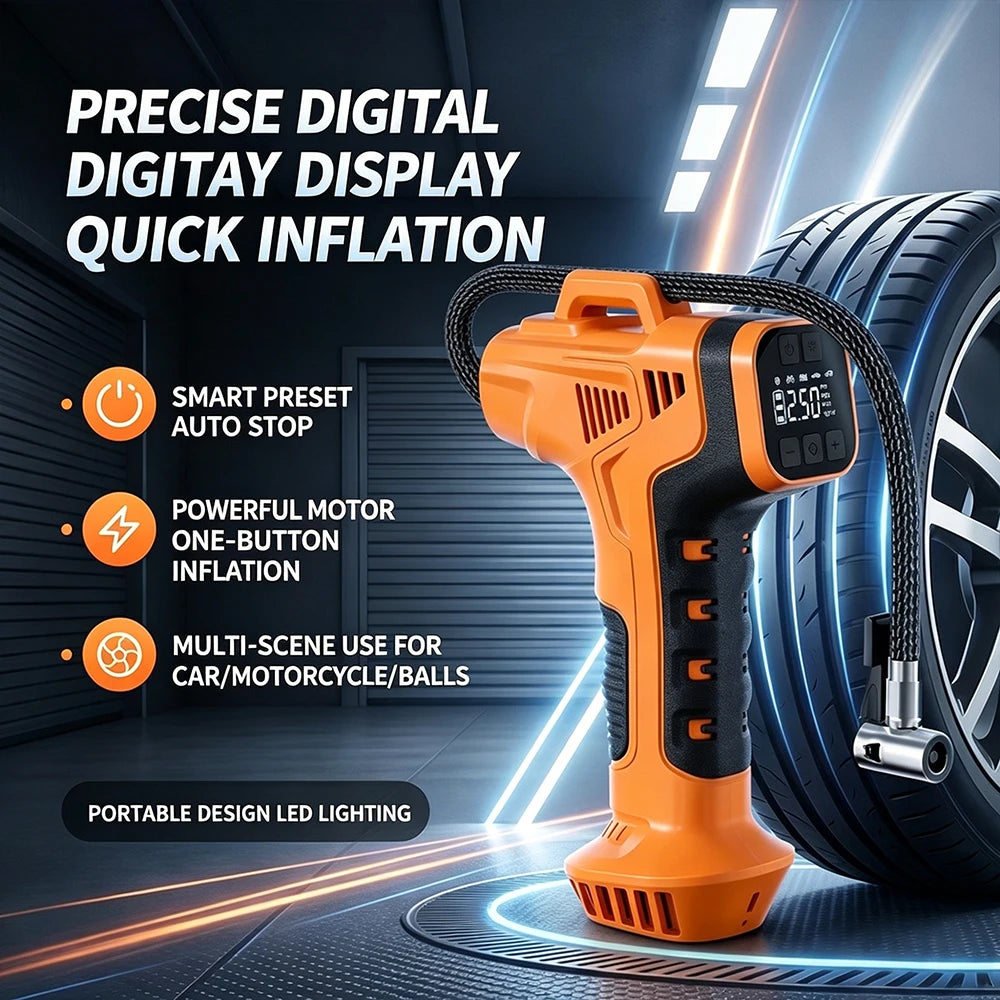 Handheld Wireless Digital Tyre Inflator, Type-C Charging, 150 PSI Max, 4 Nozzles