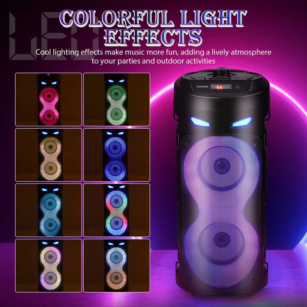 Portable Bluetooth Party Speaker with Wired Microphone, LED Lights, Remote