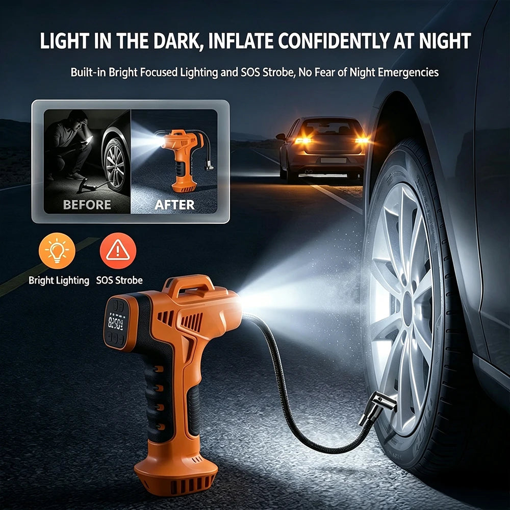 Handheld Wireless Digital Tyre Inflator, Type-C Charging, 150 PSI Max, 4 Nozzles