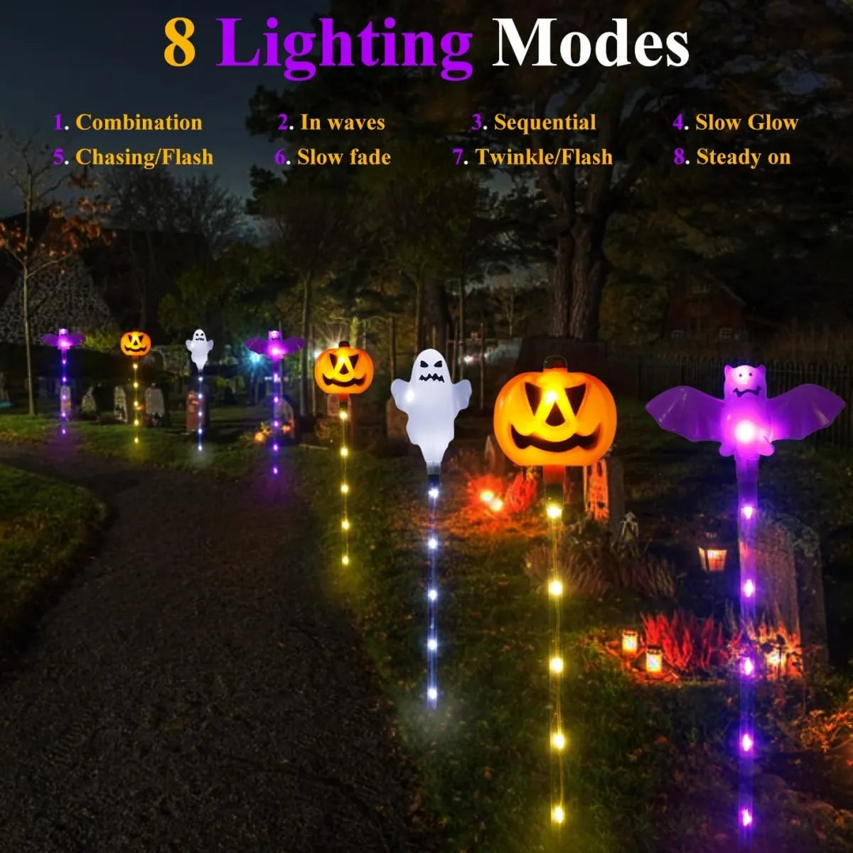 6 Piece Halloween Solar Pumpkin, Ghost and Bat Stake Lights