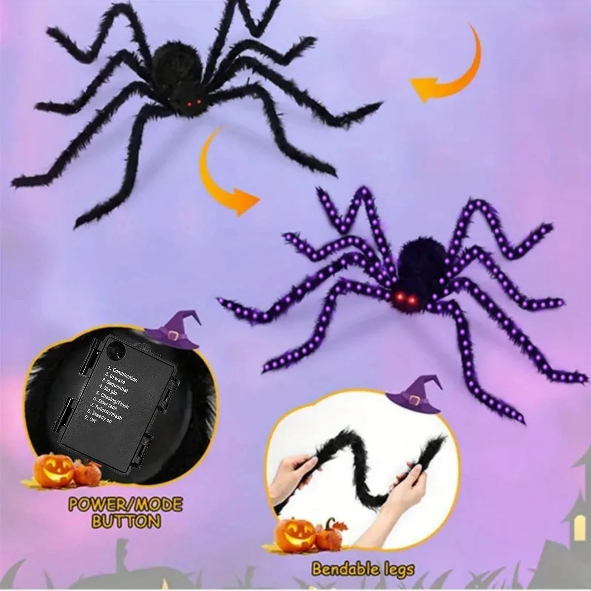 Giant Light-Up Fuzzy Black Spider, Purple LED, Battery Powered