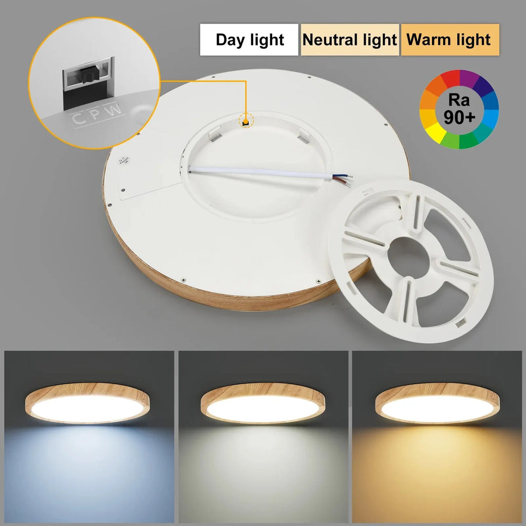 Round LED Flush Ceiling Light, Wood Grain and White, 3-Colour