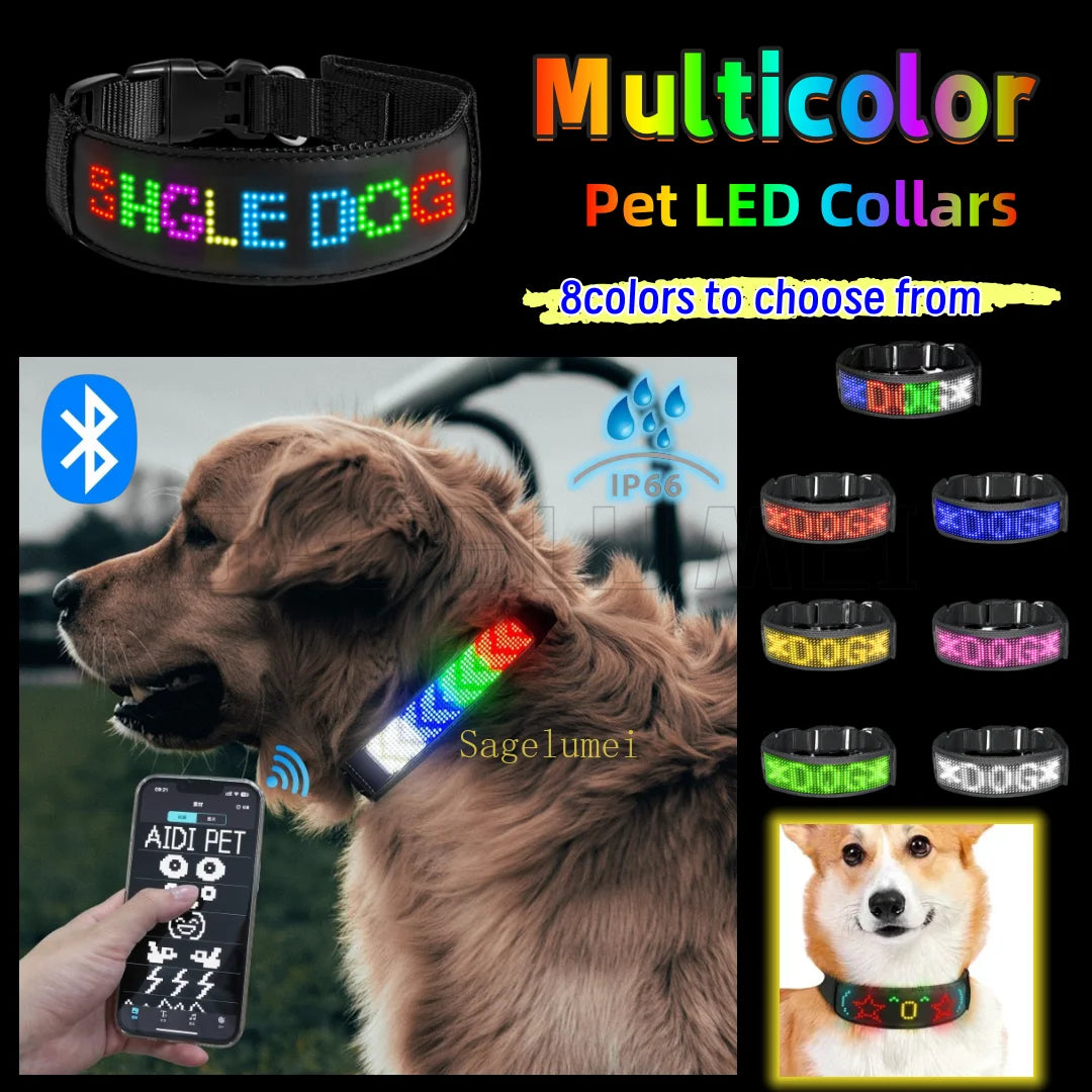 Programmable LED Display Dog Collar, Scrolling Text and Animations, Rechargeable